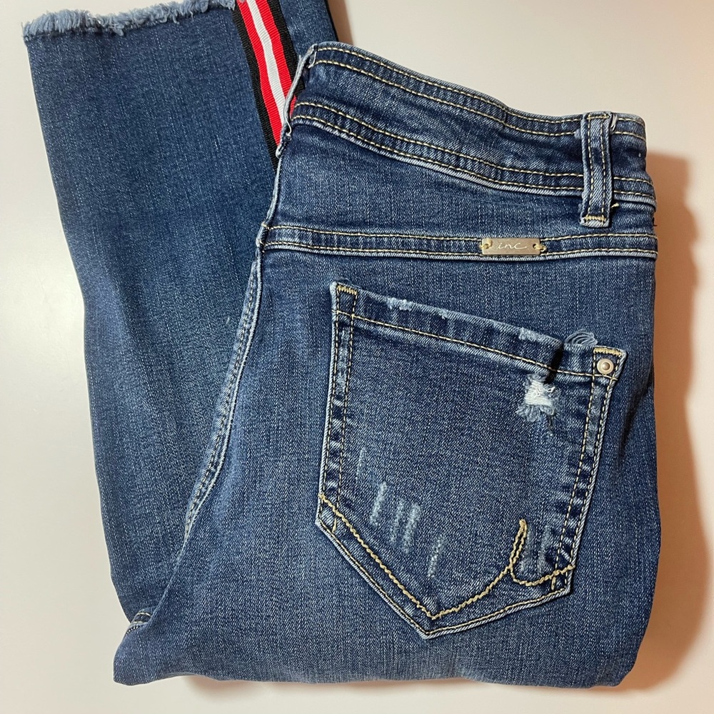 INC Skinny Leg Jeans Racing Stripe Blue Denim Casual Raw Hem 4 Petite EUC